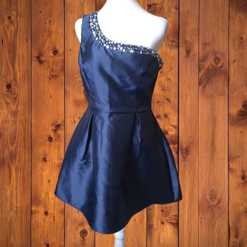 MIDNIGHT DOLL Juniors Size 7 Blue Beaded One Shoulder Mini Dress Formal Prom